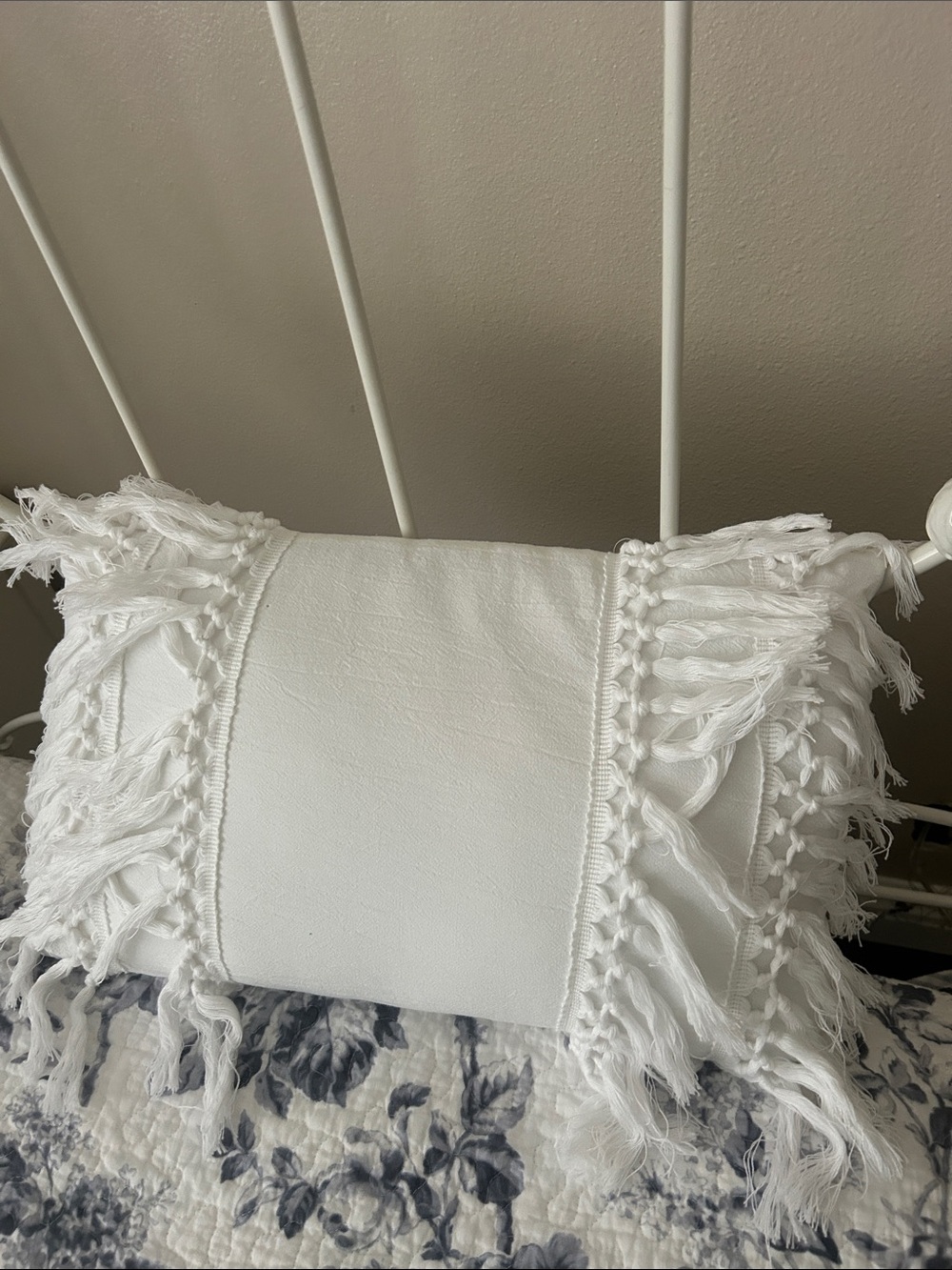 White Boho Fringe Decorative Pillow